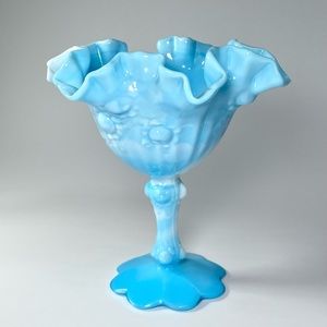 Vintage Fenton Blue Slag Milk Glass Ruffle Pedestal Dish